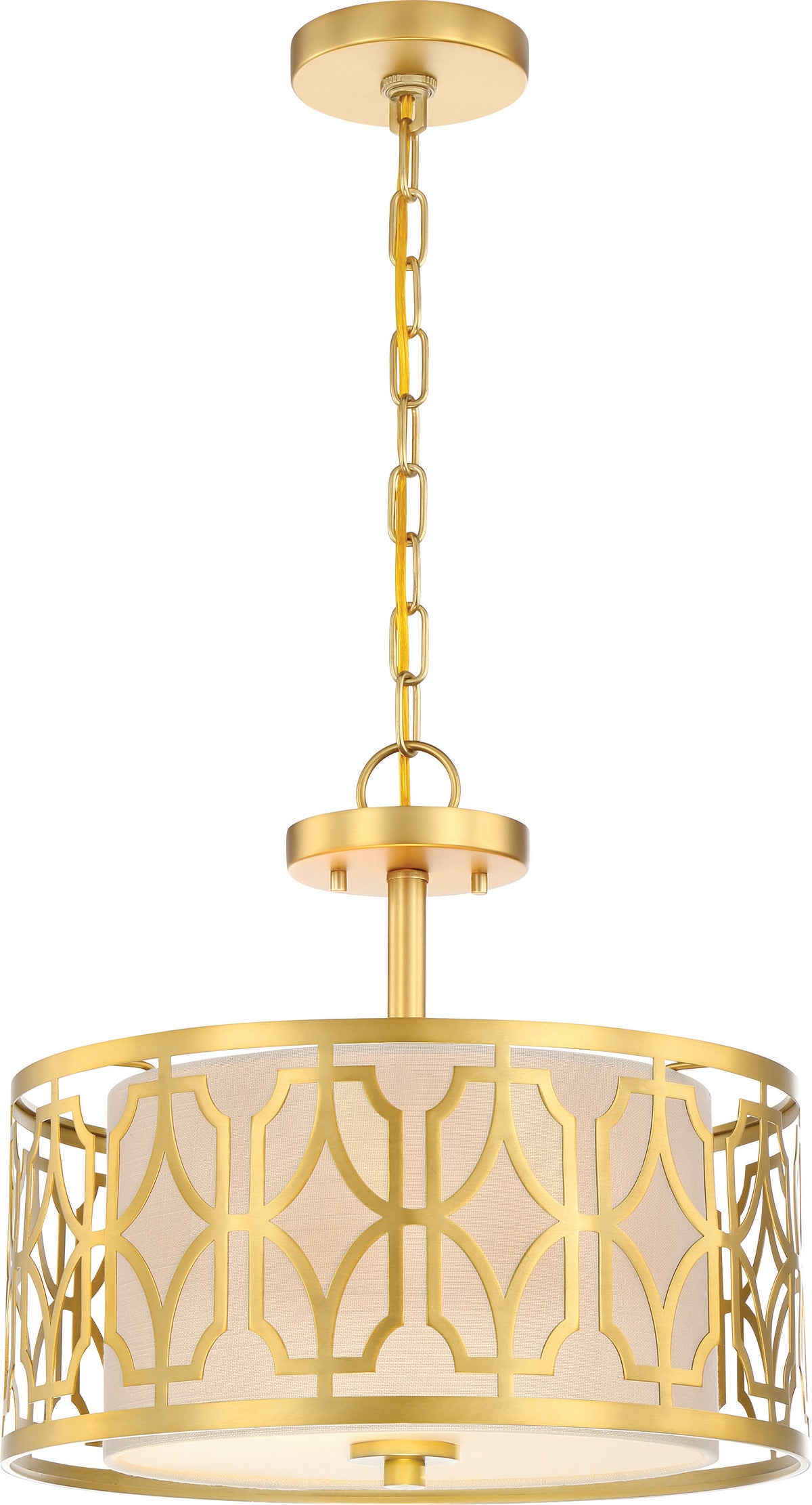 Filigree - 2 Light Semi Flush with Beige Linen Shade - Natural Brass Finish