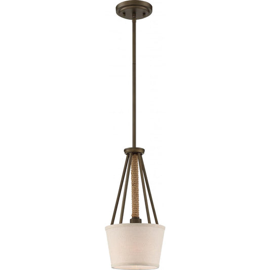 Seneca - 1 Light 8'' Mini Pendant with Beige Linen Fabric Shade - Aged Bronze Finish with Rope Accent