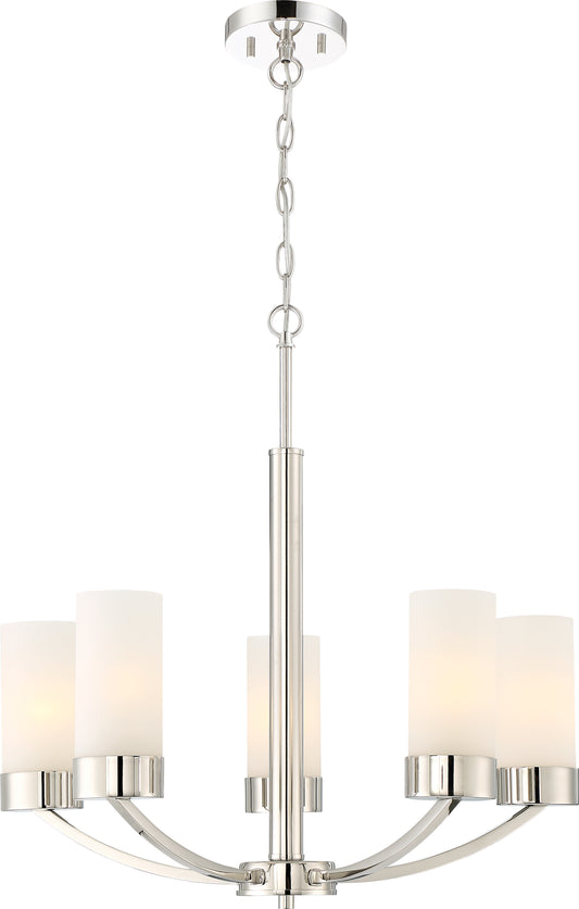 Denver - 5 Light Chandelier with Satin White Glass - Polished Nickel Finish