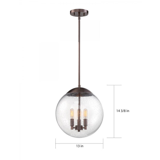 Ariel - 3 Light Pendant - with Clear Seedy Glass -Antique Copper Finish