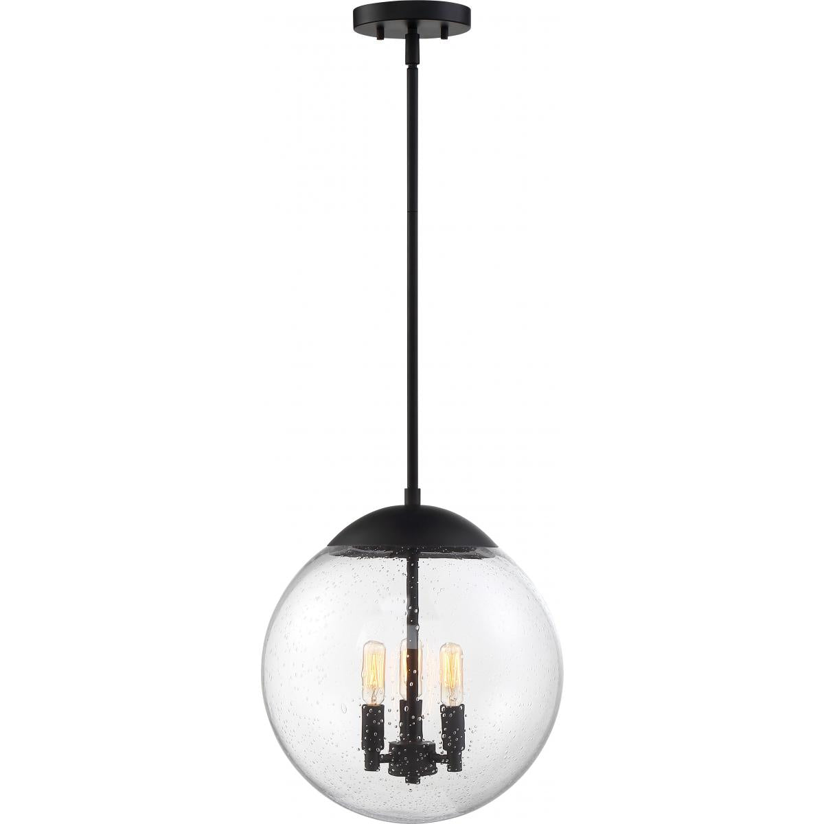 Ariel - 3 Light Pendant - with Clear Seedy Glass -Matte Black Finish