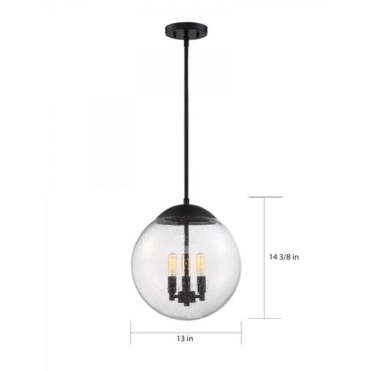 Ariel - 3 Light Pendant - with Clear Seedy Glass -Matte Black Finish
