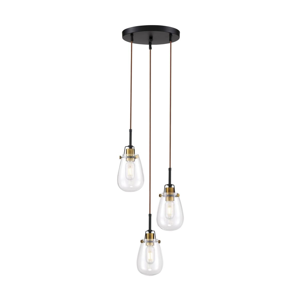 Toleo- 3 Light Pendant with Clear Glass - Black Finish with Vintage Brass Accents