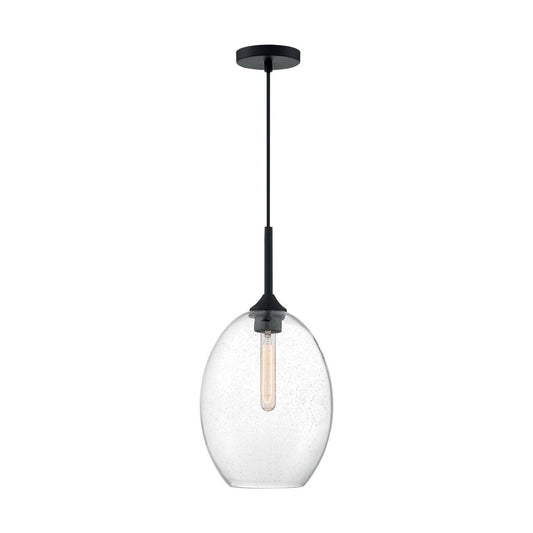 Aria - 1 Light Medium Pendant with Seeded Glass - Matte Black Finish