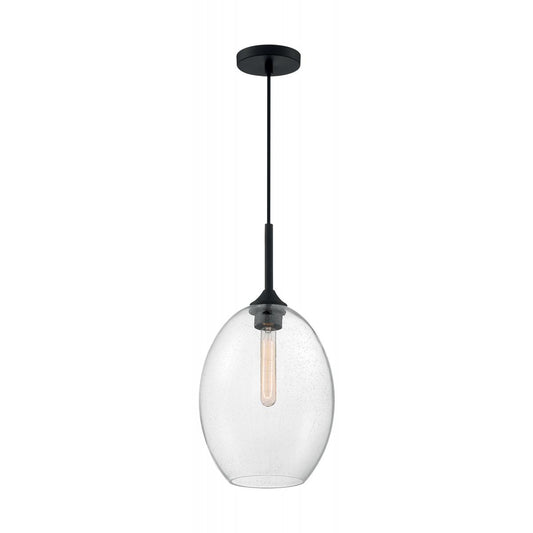 Aria - 1 Light Medium Pendant with Seeded Glass - Matte Black Finish