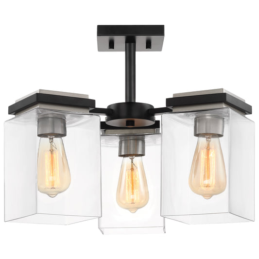 Crossroads - 3 Light Semi-Flush Fixture with Matte Black - Clear Glass