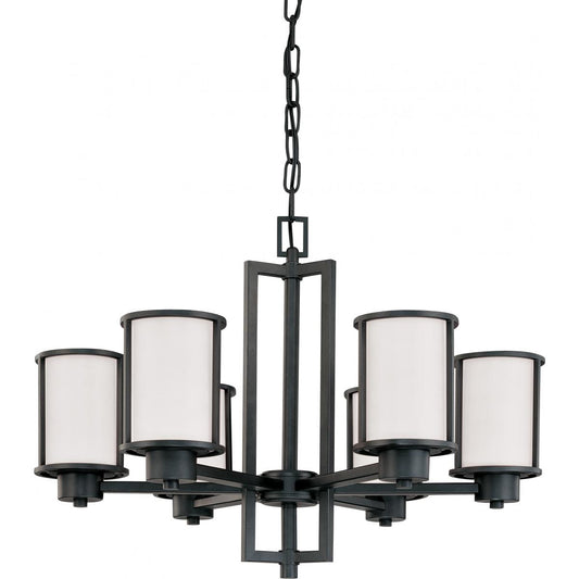 Odeon - 6 Light Chandelier with Satin White Glass - Aged Bronze Finish