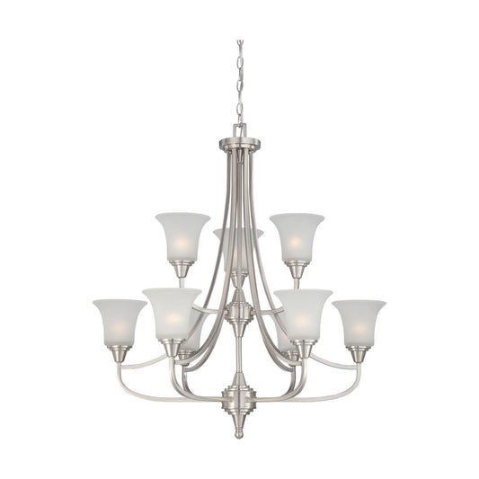Surrey - 9 Light Two Tier Chandelier with Frosted Glass - Brushed Nickel Finish