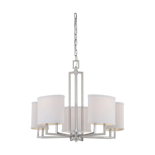 Gemini - 5 Light Chandelier with Slate Gray Fabric Shades - Brushed Nickel Finish