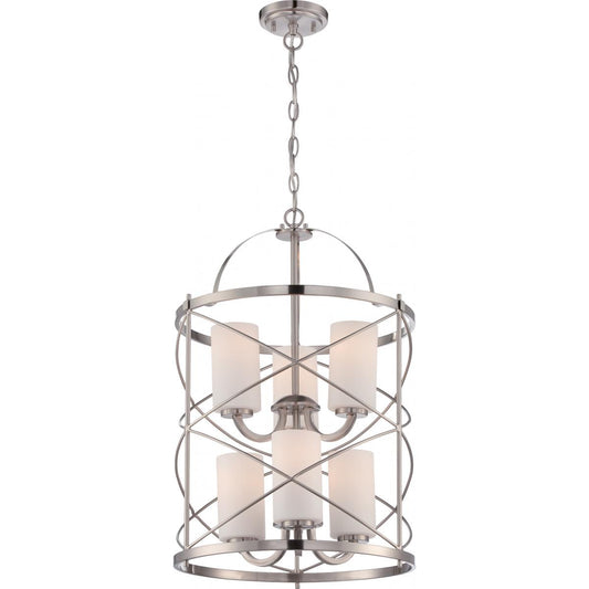 Ginger - 6 Light 2 Tier Chandelier with Satin White Glass - Brushed Nickel Finish