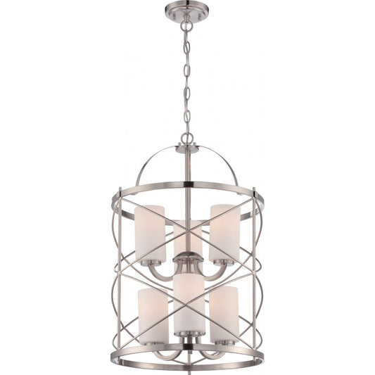 Ginger - 6 Light 2 Tier Chandelier with Satin White Glass - Brushed Nickel Finish