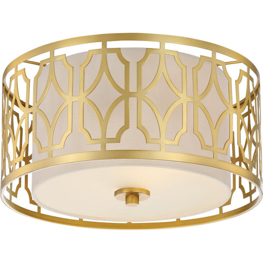 Filigree - 2 Light Flush With Beige Linen Shade - Natural Brass Finish