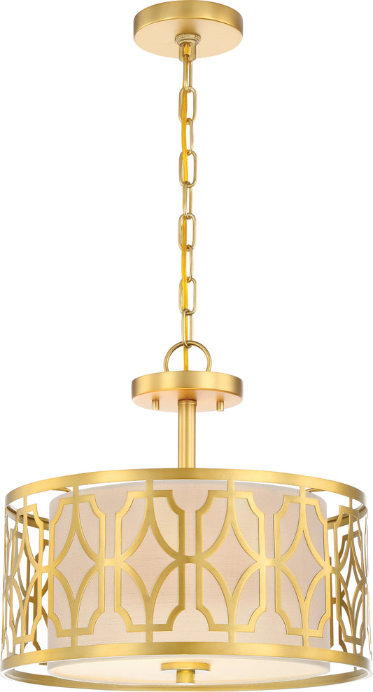 Filigree - 2 Light Semi Flush with Beige Linen Shade - Natural Brass Finish