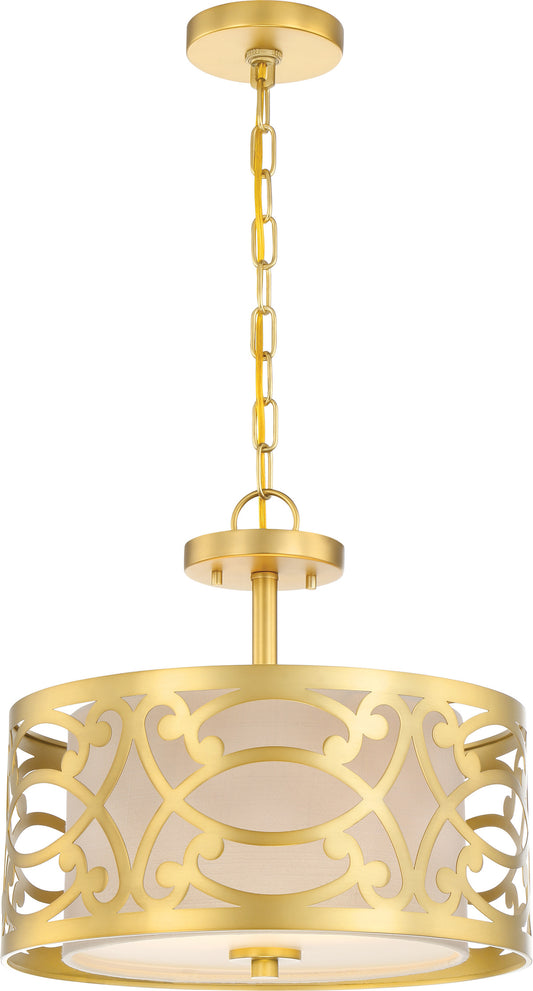 Filigree - 2 Light Semi Flush With Beige Linen Shade - Natural Brass Finish