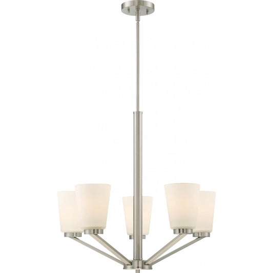 Nome - 5 Light Chandelier with Satin White Glass - Brushed Nickel Finish
