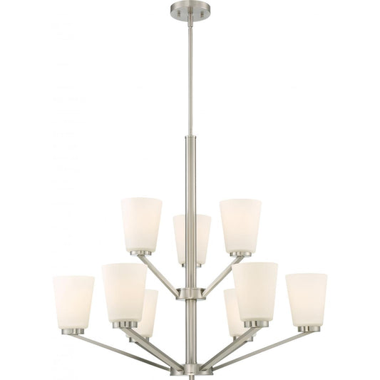 Nome - 9 Light Chandelier with Satin White Glass - Brushed Nickel Finish