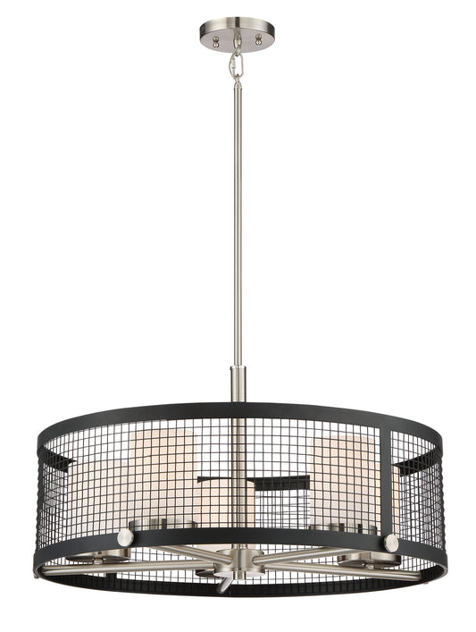 Pratt - 5 Light Pendant with White Glass - Black Finish with Brushed Nickel Accents